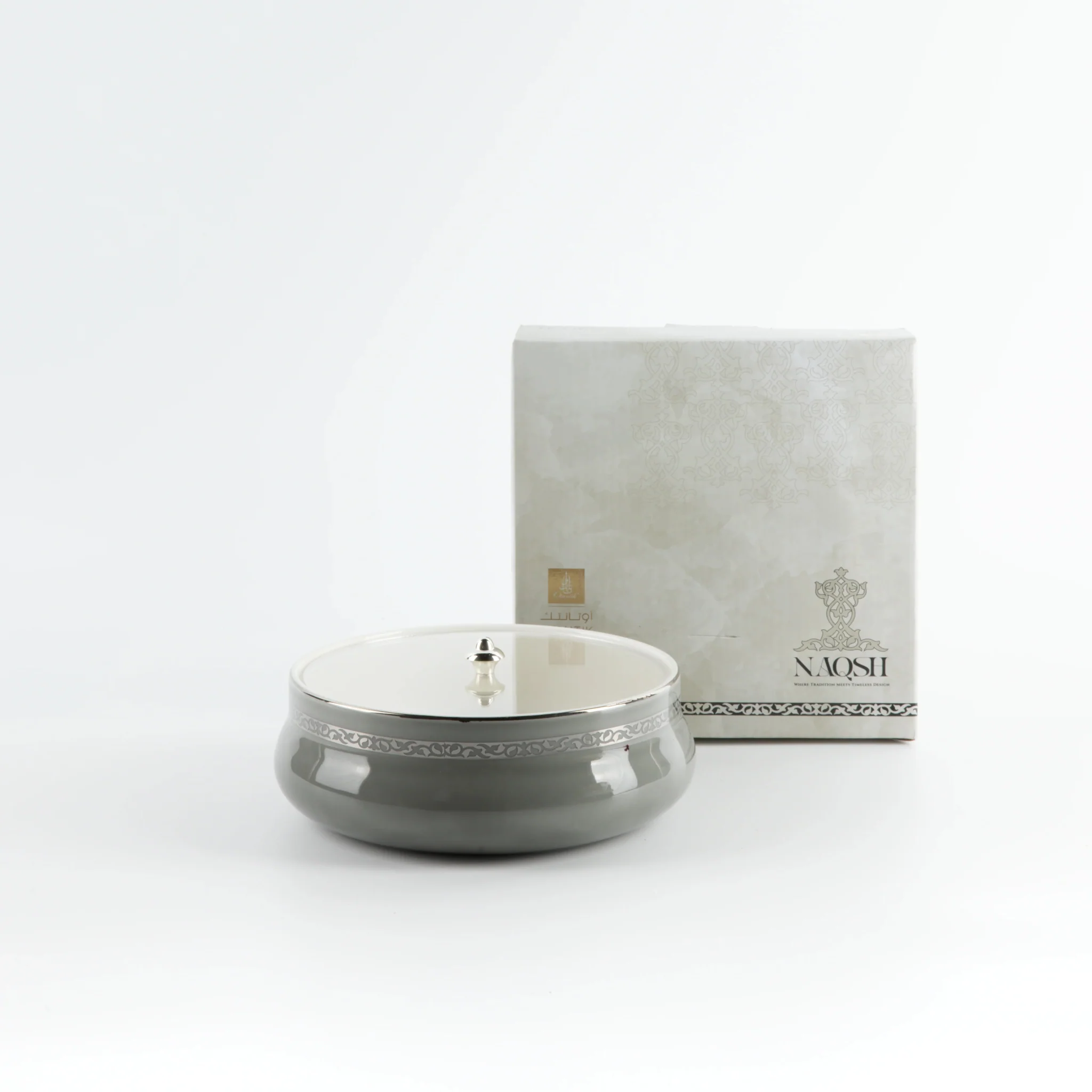 Otantik Naqsh Ceramic Dates Bowl with Lid 17cm*6cm, Grey/Silver- ET2978 - Image 5
