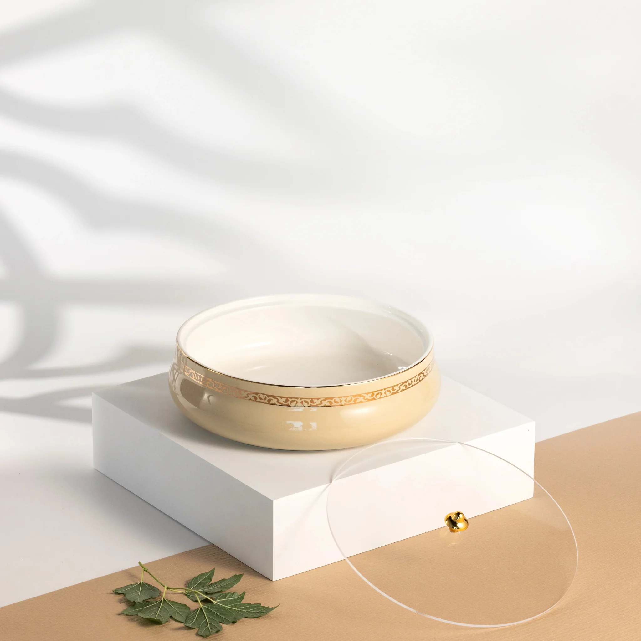Otantik Naqsh Ceramic Dates Bowl with Lid 23.5cm*6.5cm, Ivory/Gold- ET2972