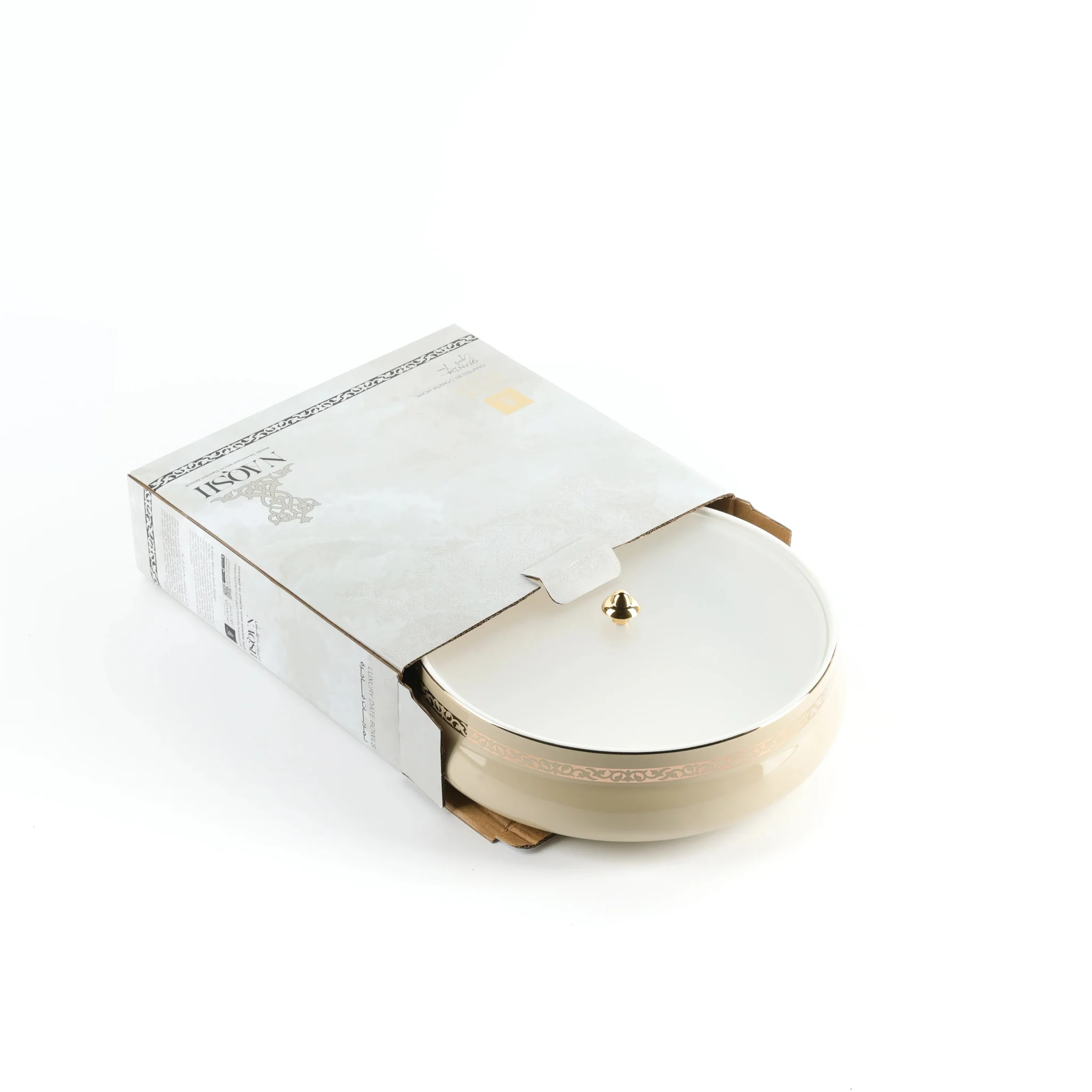 Otantik Naqsh Ceramic Dates Bowl with Lid 23.5cm*6.5cm, Ivory/Gold- ET2972 - Image 4