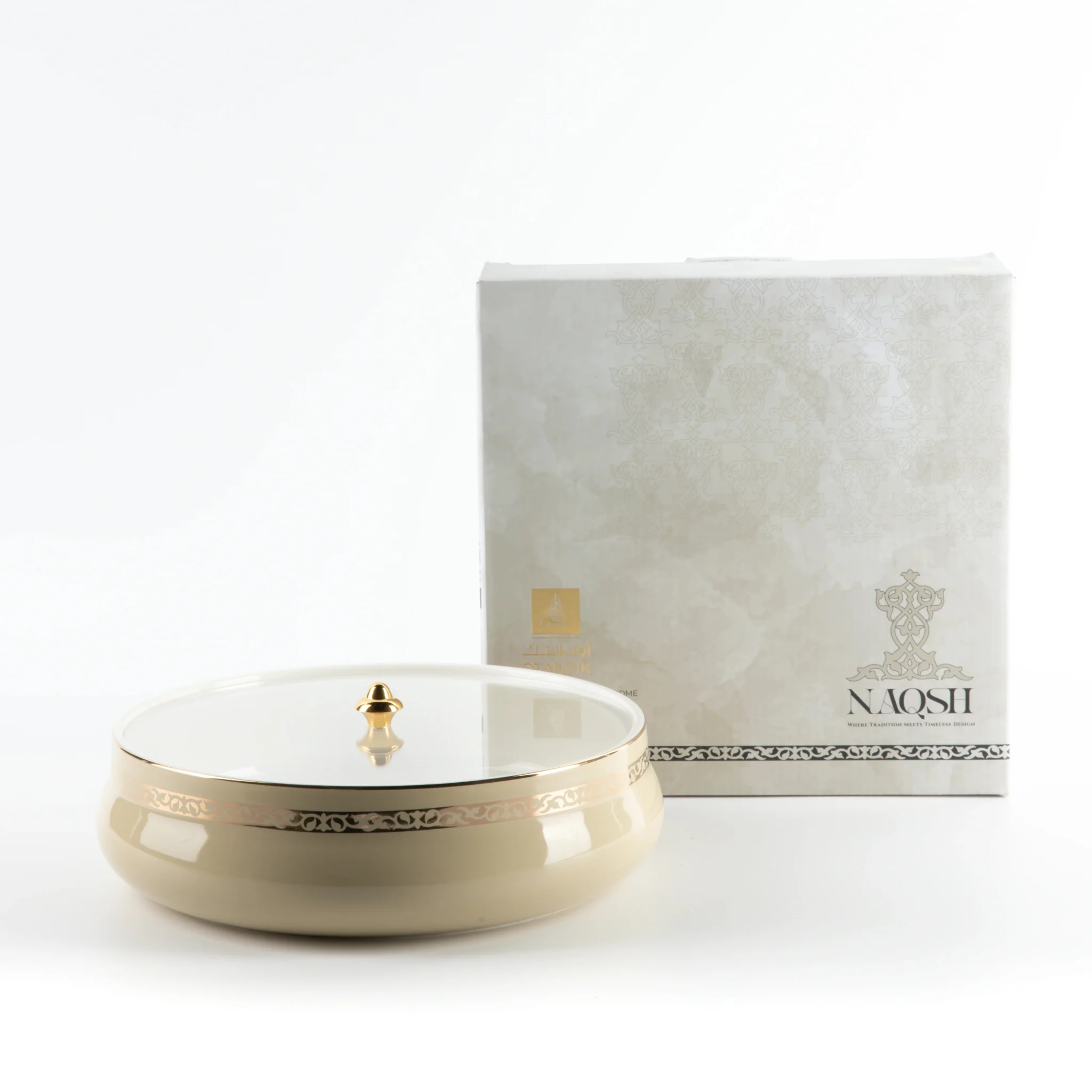 Otantik Naqsh Ceramic Dates Bowl with Lid 23.5cm*6.5cm, Ivory/Gold- ET2972 - Image 5