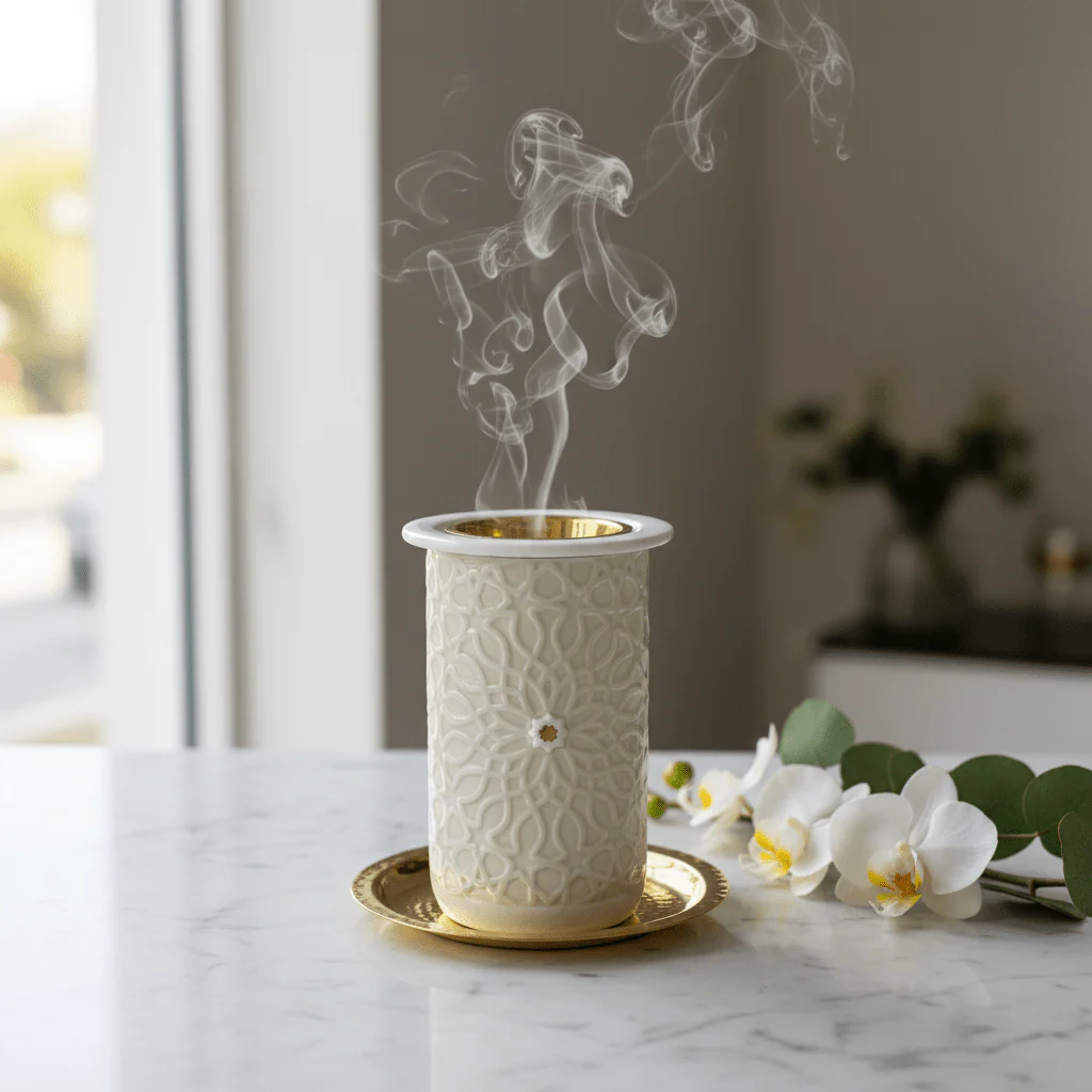 Otantik Asala Premium Porcelain Incense Burner – Cream & Gold 11 × 18 cm | Handcrafted Porcelain | Gold-Finish Brass Insert - Image 2