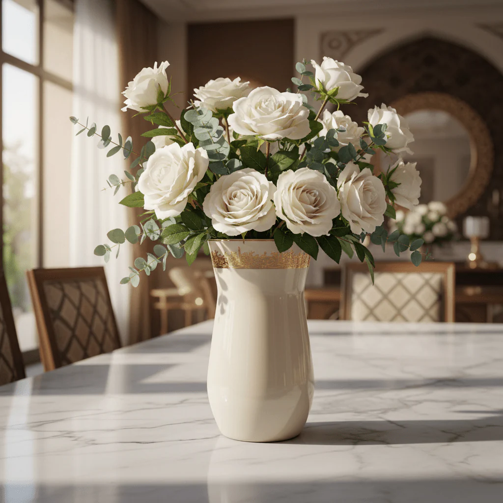 Otantik Atheer Cream Ceramic Flower Vase | Gold Arabesque Band | 25×14 cm - Image 2