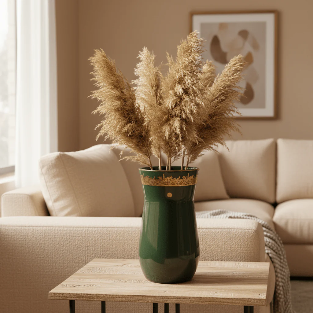 Otantik Atheer | Green Ceramic Flower Vase with Gold Arabic Calligraphy | 20×10 cm - Image 3