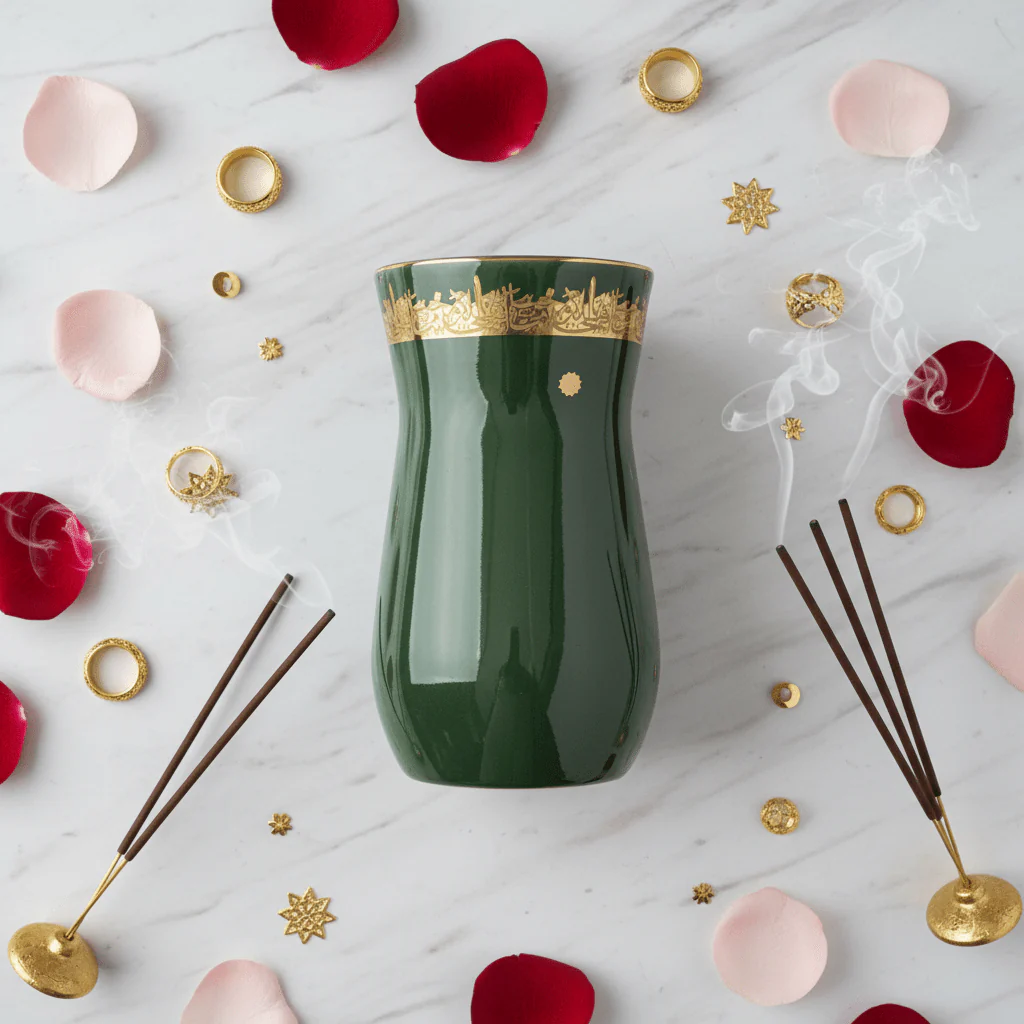 Otantik Atheer | Green Ceramic Flower Vase with Gold Arabic Calligraphy | 20×10 cm - Image 4
