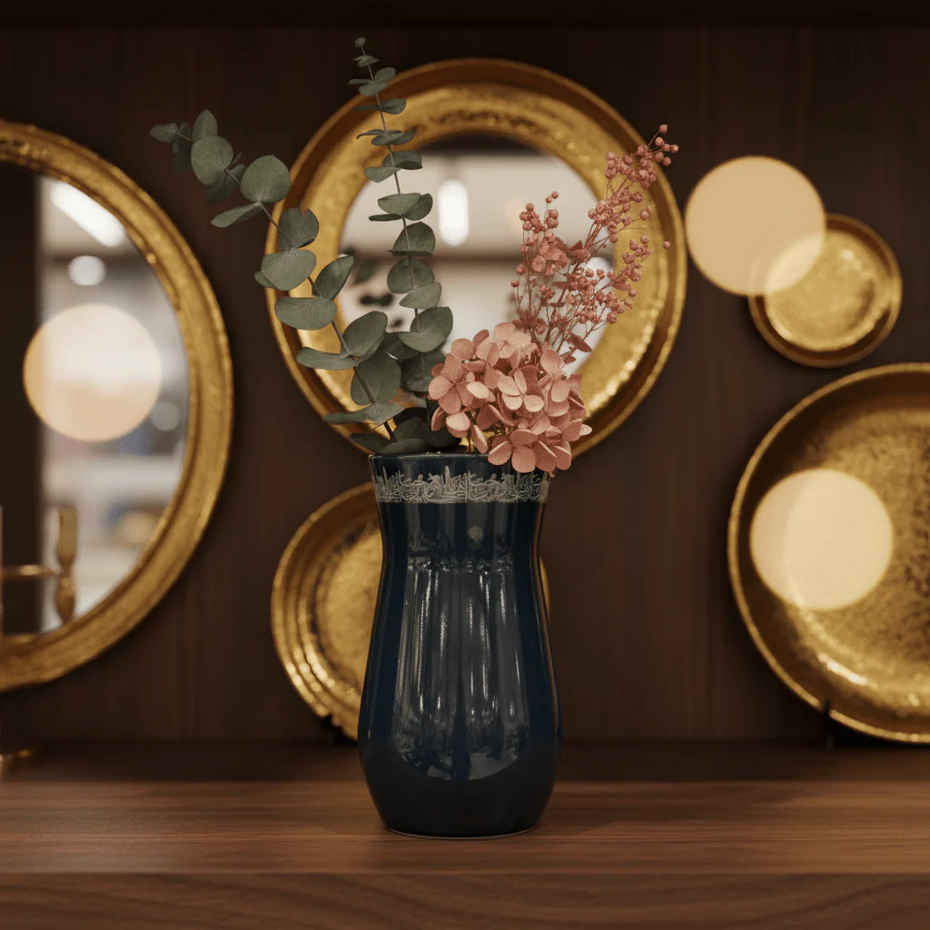 Otantik Atheer Navy Blue Ceramic Flower Vase | Arabic Calligraphy Décor | 20×10cm - Image 3
