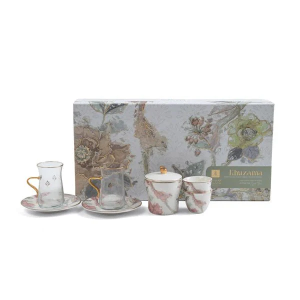 Otantik Khuzama ET3033 Royal 19-Piece Tea & Cawa Set – Red & Gold Floral Porcelain & Glass