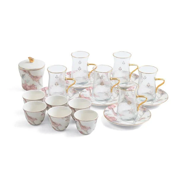 Otantik Khuzama ET3033 Royal 19-Piece Tea & Cawa Set – Red & Gold Floral Porcelain & Glass - Image 2