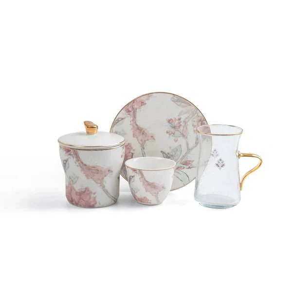 Otantik Khuzama ET3033 Royal 19-Piece Tea & Cawa Set – Red & Gold Floral Porcelain & Glass - Image 3