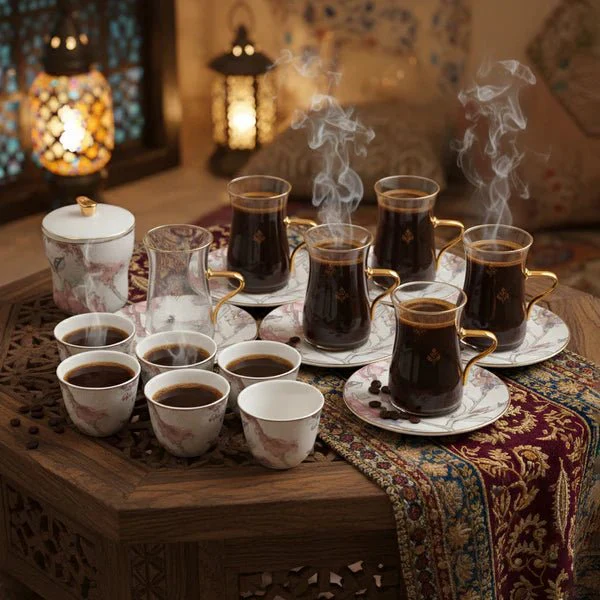 Otantik Khuzama ET3033 Royal 19-Piece Tea & Cawa Set – Red & Gold Floral Porcelain & Glass - Image 4