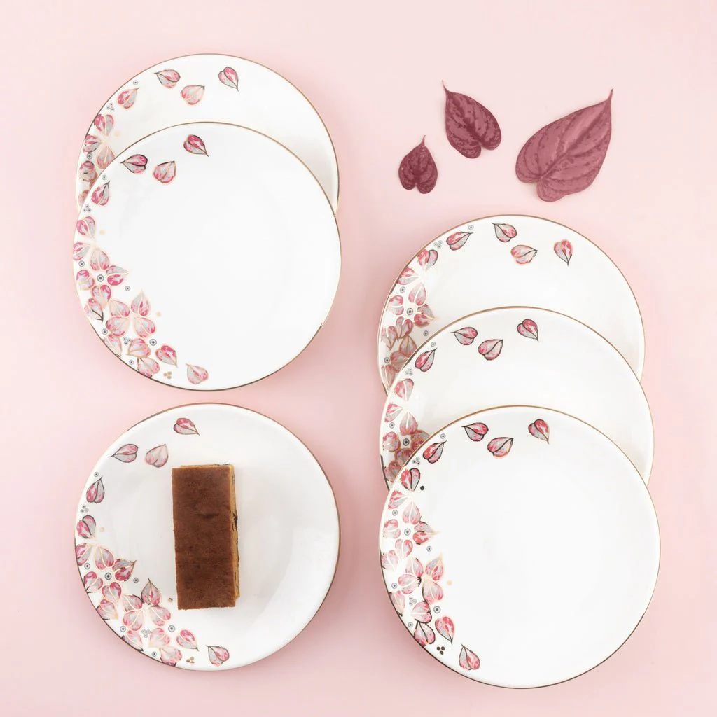 Otantik Lilac Porcelain Dessert Plate Set – 6-Piece 7.5" Pink & White Classic Edition