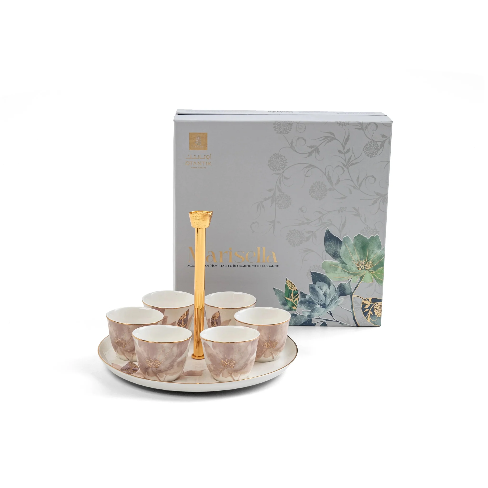 Otantik Marisella ET3012 Deluxe 7-Piece Porcelain Tea & Cawa Cup Set – Red & Gold Classic Floral Artwork – 23×18 cm Edition
