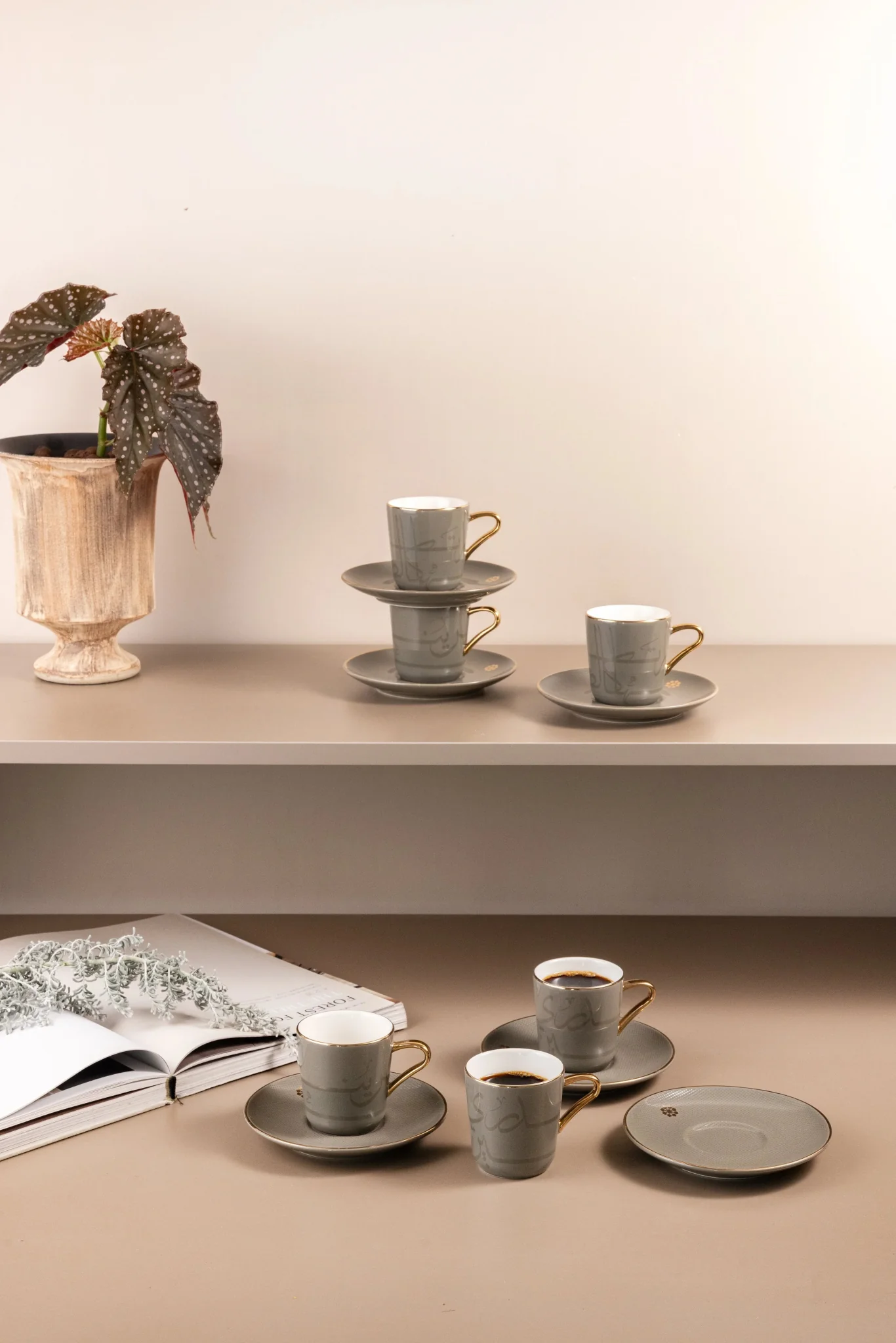Otantik Mirral Luxury 12-Piece Turkish Coffee Cup & Saucer Set – Grey with Gold Accent 115CC