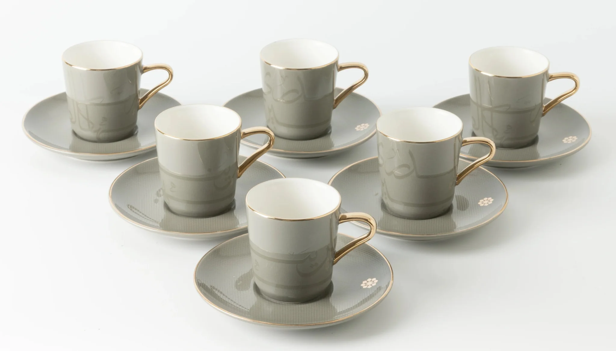 Otantik Mirral Luxury 12-Piece Turkish Coffee Cup & Saucer Set – Grey with Gold Accent 115CC - Image 2
