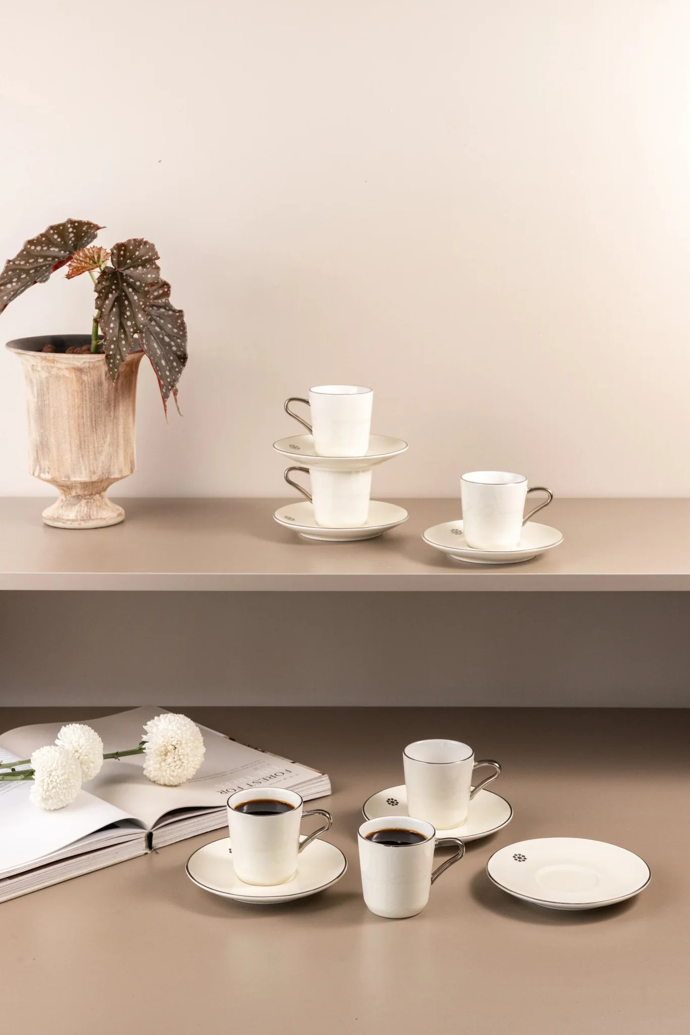 Otantik Mirral Luxury 12-Piece Turkish Coffee Cup & Saucer Set – White with Silver Accent 115CC
