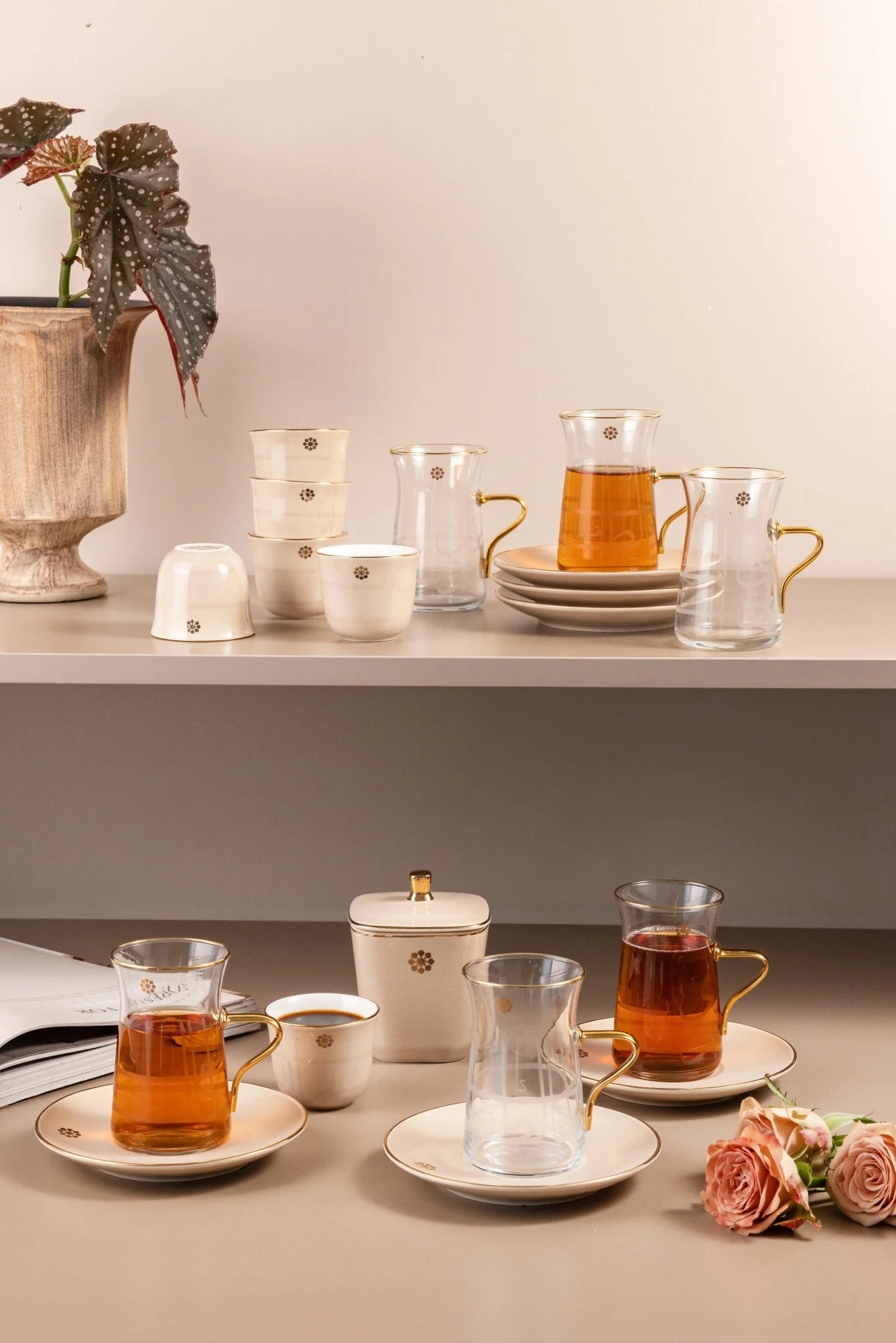 Otantik Mirral Luxury 19-Piece Arabic Tea & Coffee Serving Set – Beige & Gold Porcelain Collection