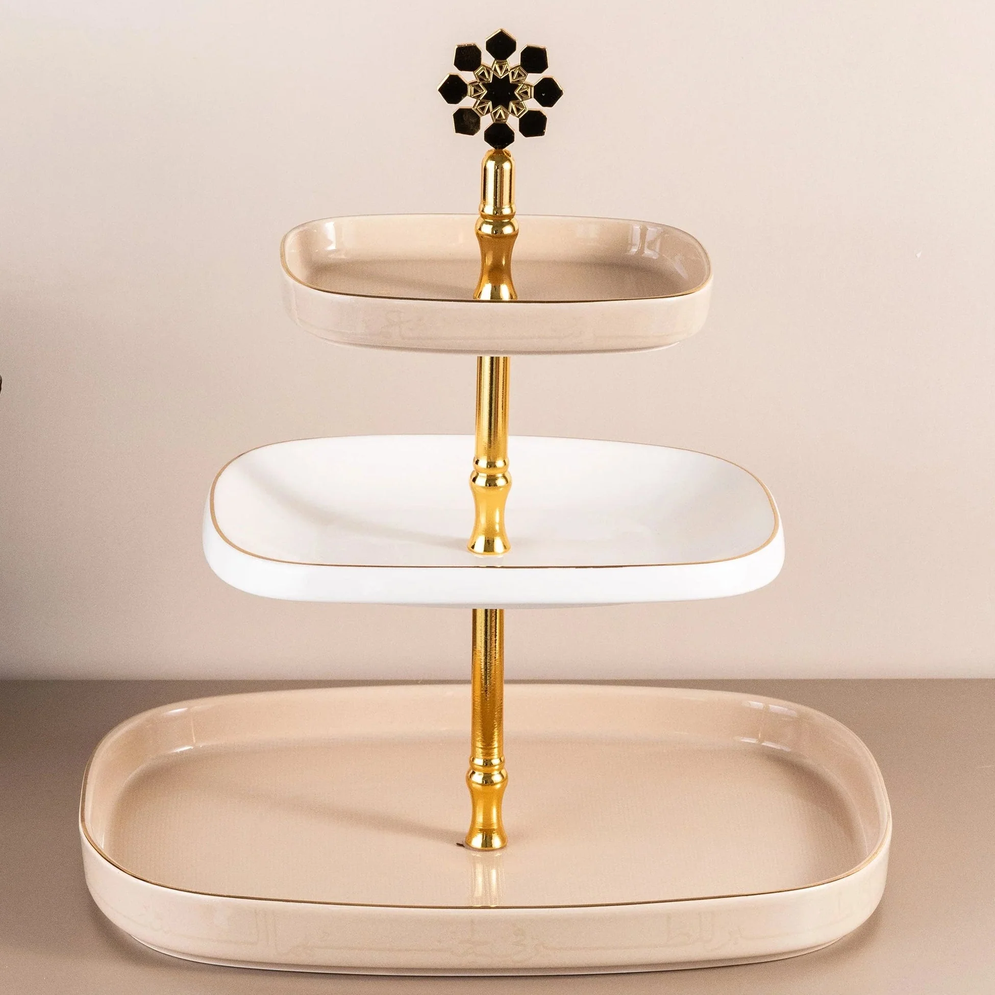 Otantik Mirral Luxury 3-Tier Porcelain Dessert & Cake Stand – Beige with Gold Finish (30*32 cm)