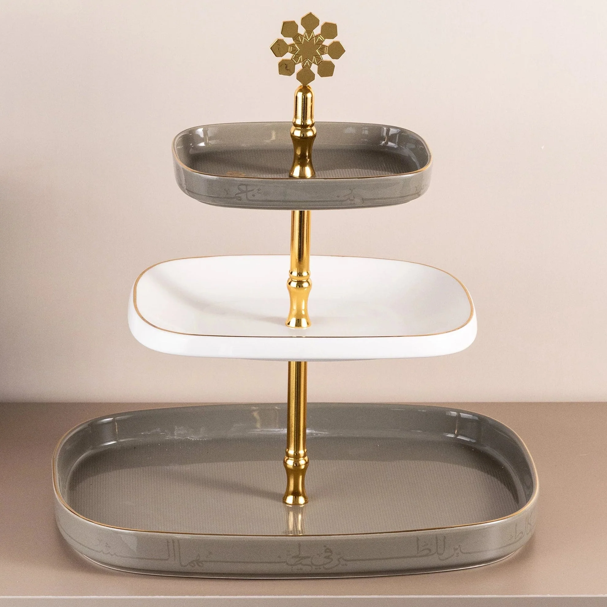 Otantik Mirral Luxury 3-Tier Porcelain Dessert & Cake Stand – Grey with Gold Finish (30*32 cm)