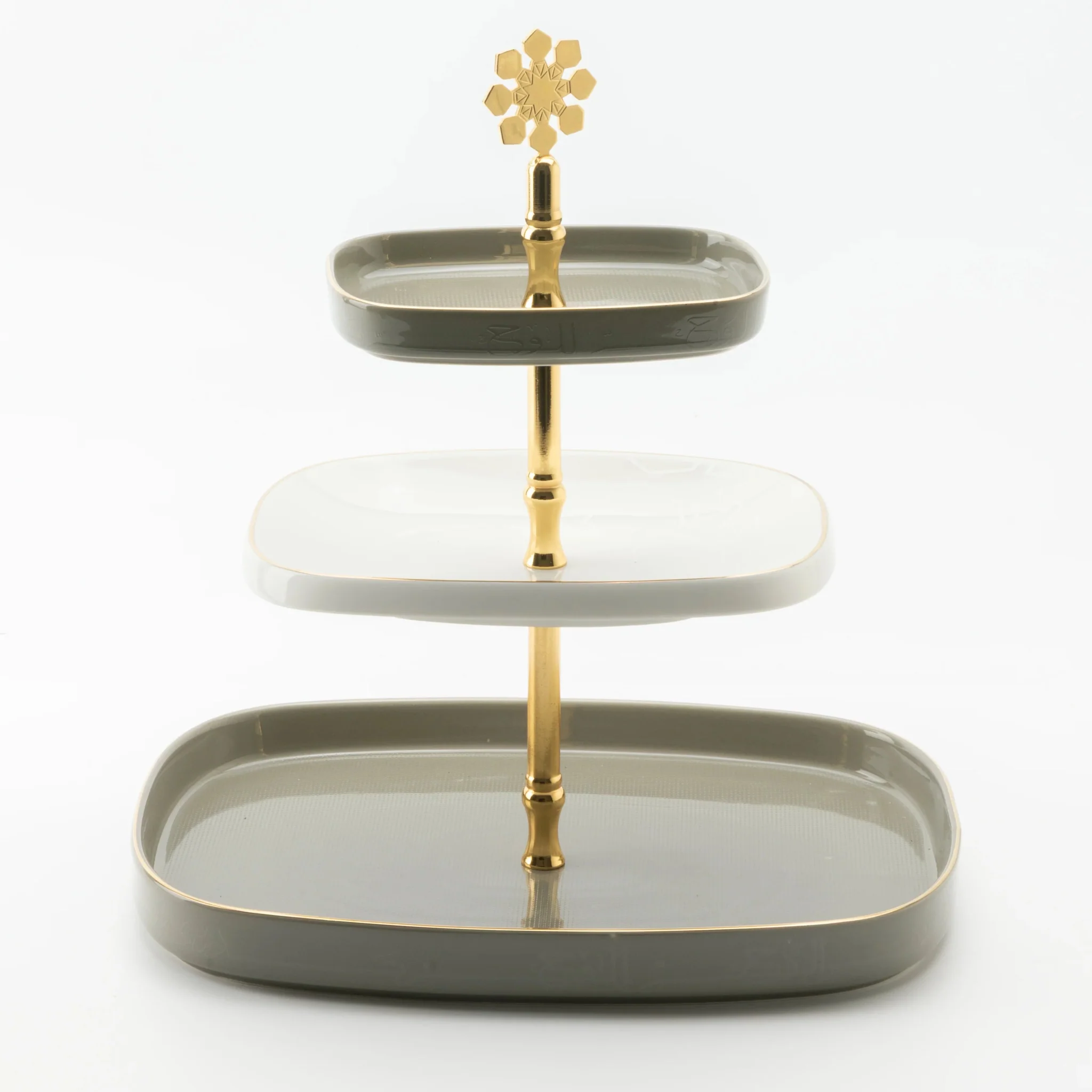 Otantik Mirral Luxury 3-Tier Porcelain Dessert & Cake Stand – Grey with Gold Finish (30*32 cm) - Image 2