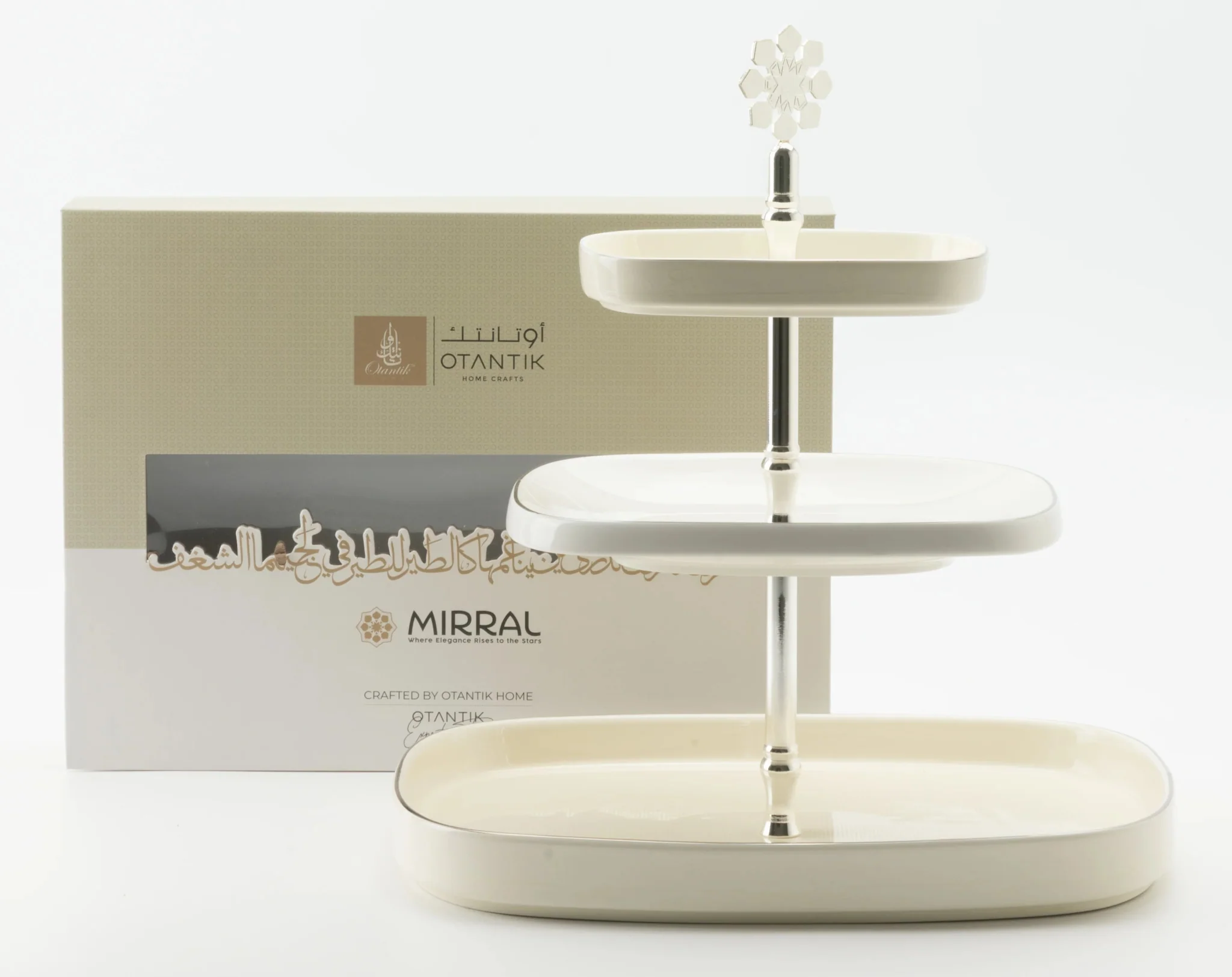 Otantik Mirral Luxury 3-Tier Porcelain Dessert & Cake Stand – White with Silver Finish (30*32 cm) - Image 3
