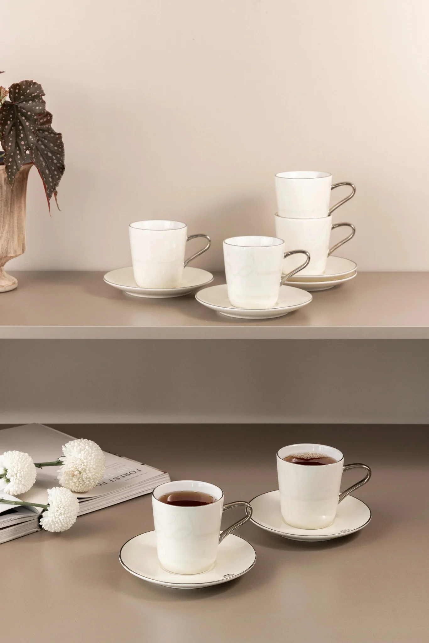 Otantik Mirral Premium 12-Piece Porcelain Tea Cup & Saucer Set – White with Silver Accent 240CC