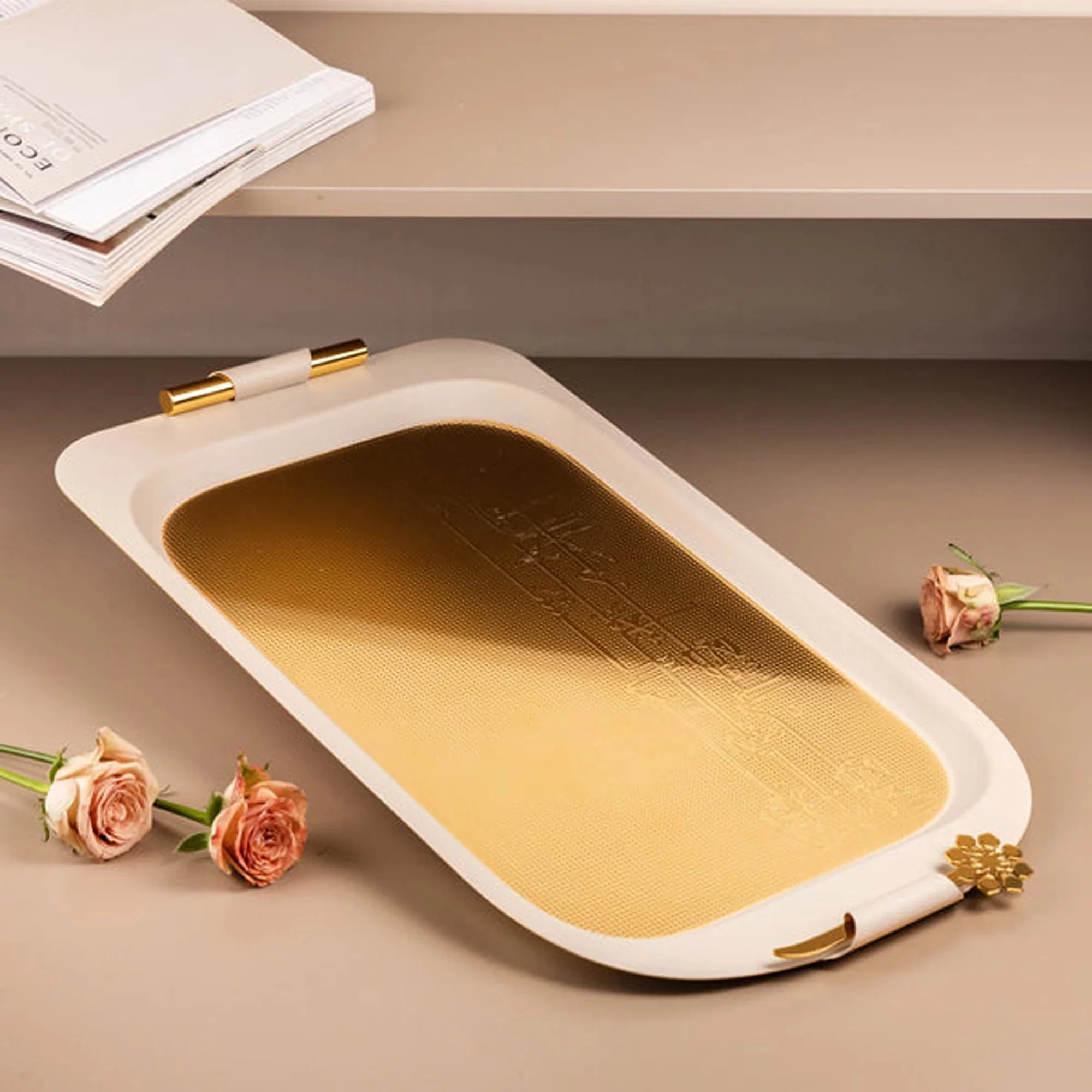 Otantik Mirral Premium Stainless Steel Serving Tray – White with Gold Detailing (53×31 cm)