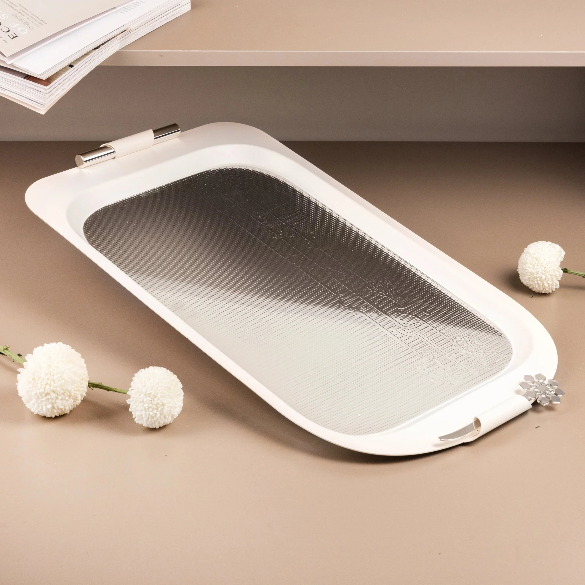 Otantik Mirral Premium Stainless Steel Serving Tray – White with Silver Detailing (53×31 cm)