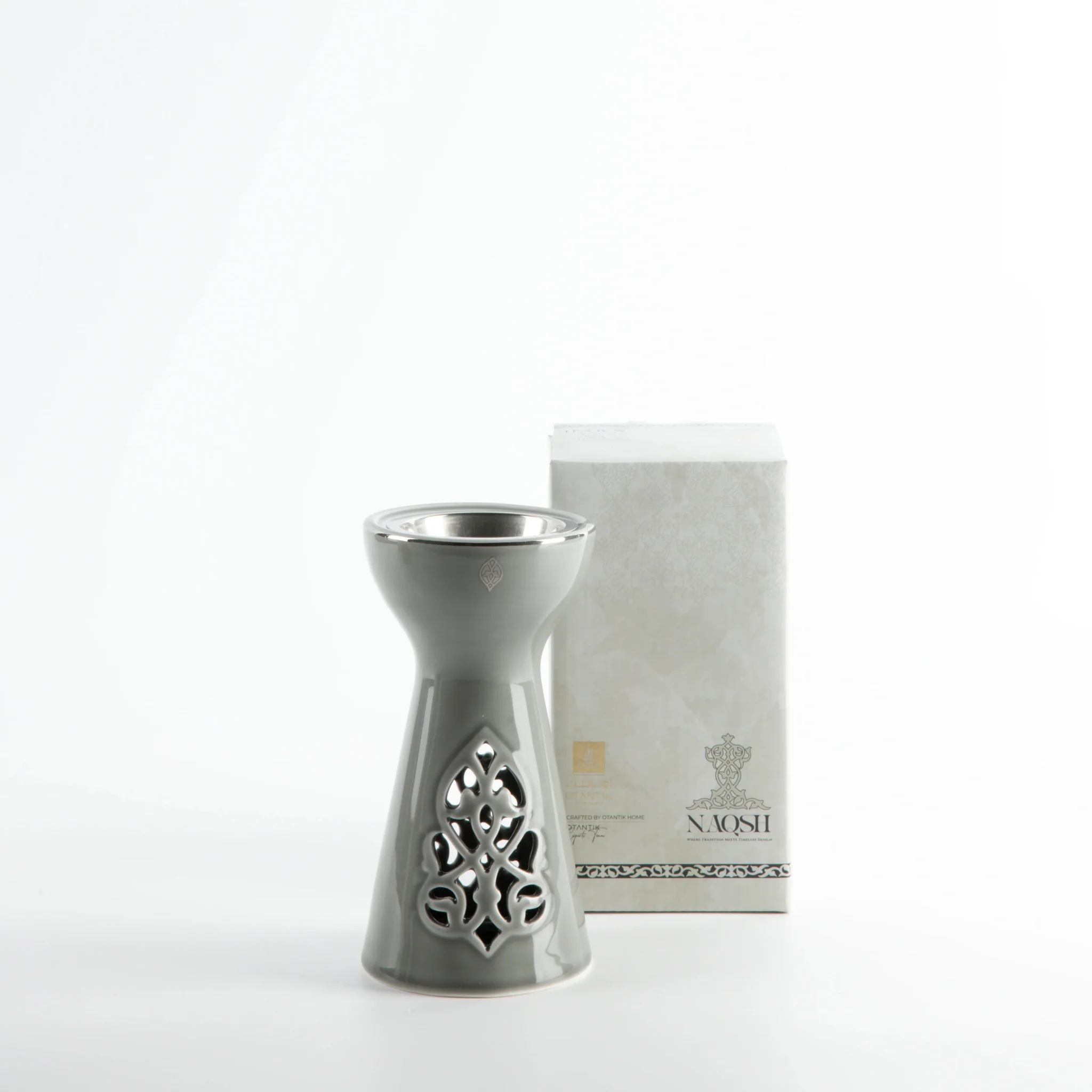 Otantik Naqsh Porcelain Incence Burner 9cm*17.5cm, Grey/Silver- ET2983 - Image 3