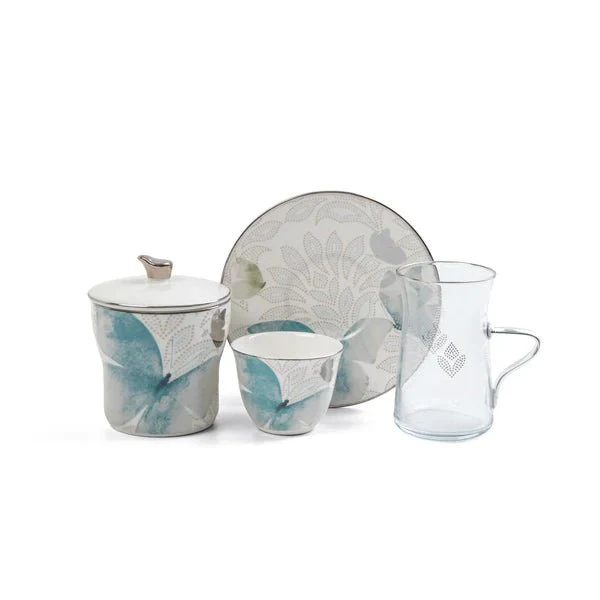 Otantik Veloura ET3064 Elite 19-Piece Tea & Cawa Set – Blue & Silver Floral Porcelain & Glass - Image 3