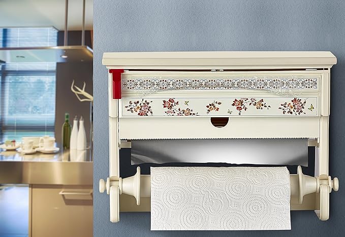 Ozmet 2 in 1 Kitchen Paper Dispenser & Holder, Kitchen Roll Holder Wall Mounted Holder for Film, Foil and Kitchen Roll, Easy-Install Kitchen Roll Dispenser with Cutter (White) - Image 2