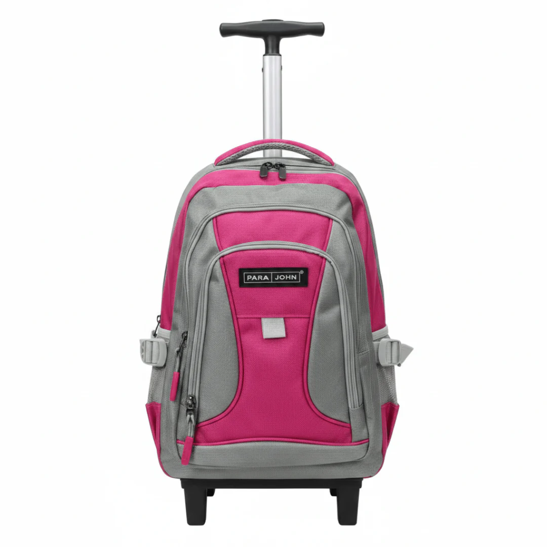 Parajohn Rolling Grey & Fushia Polyester Trolley Backpack 16 Inch – Wheeled School Bag with Adjustable Handle for Easy Travel