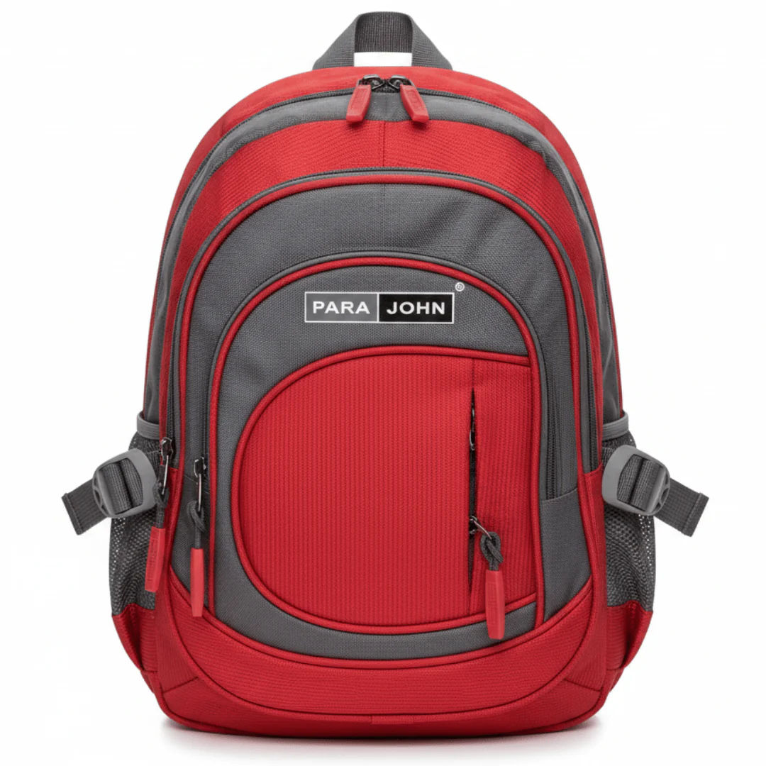 Parajohn Sporty Grey & Red Polyester School Backpack 16 Inch – Durable Multi-Pocket School Bag for Students