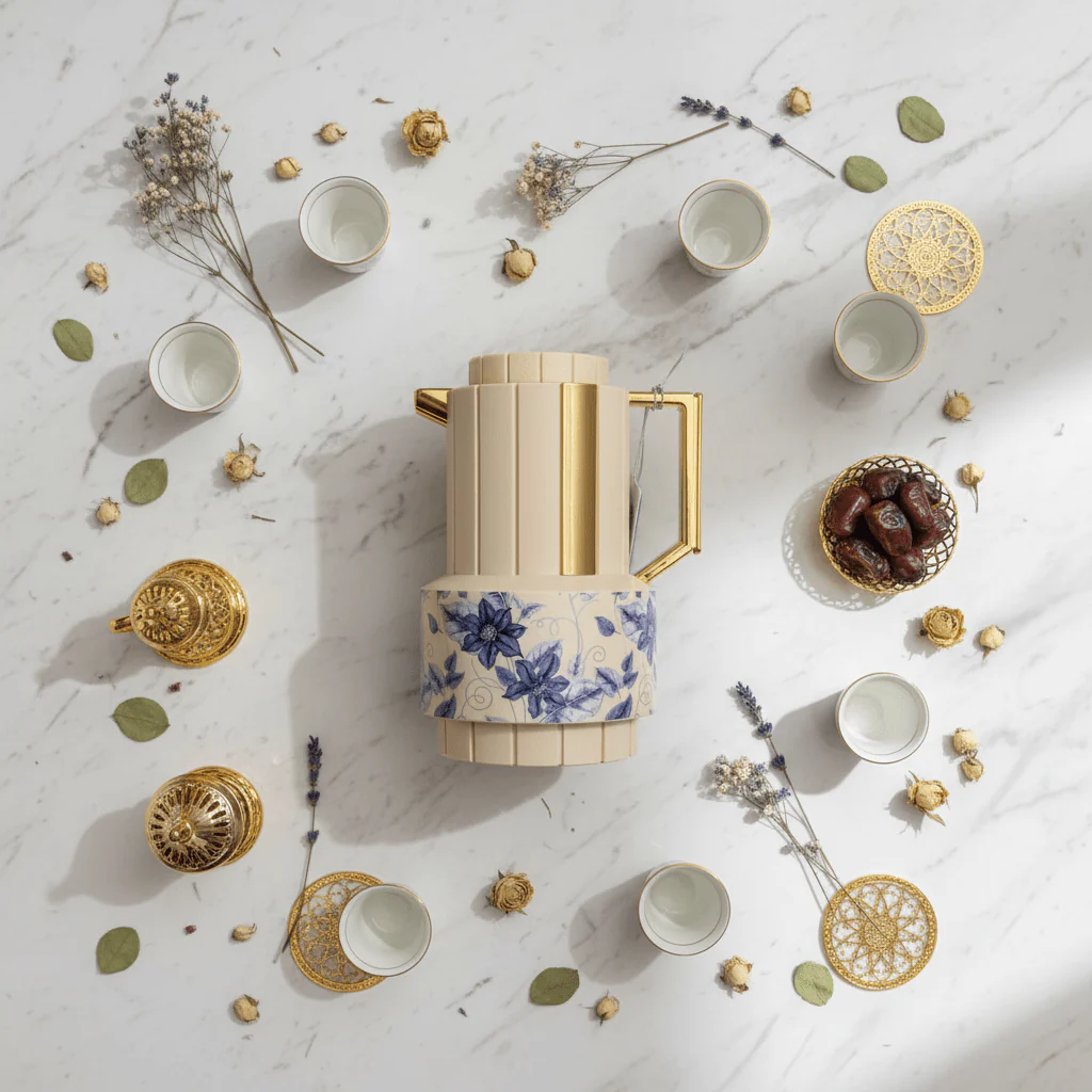 Parati 1L Vacuum Flask – Beige | Gold & Blue Floral - Image 2