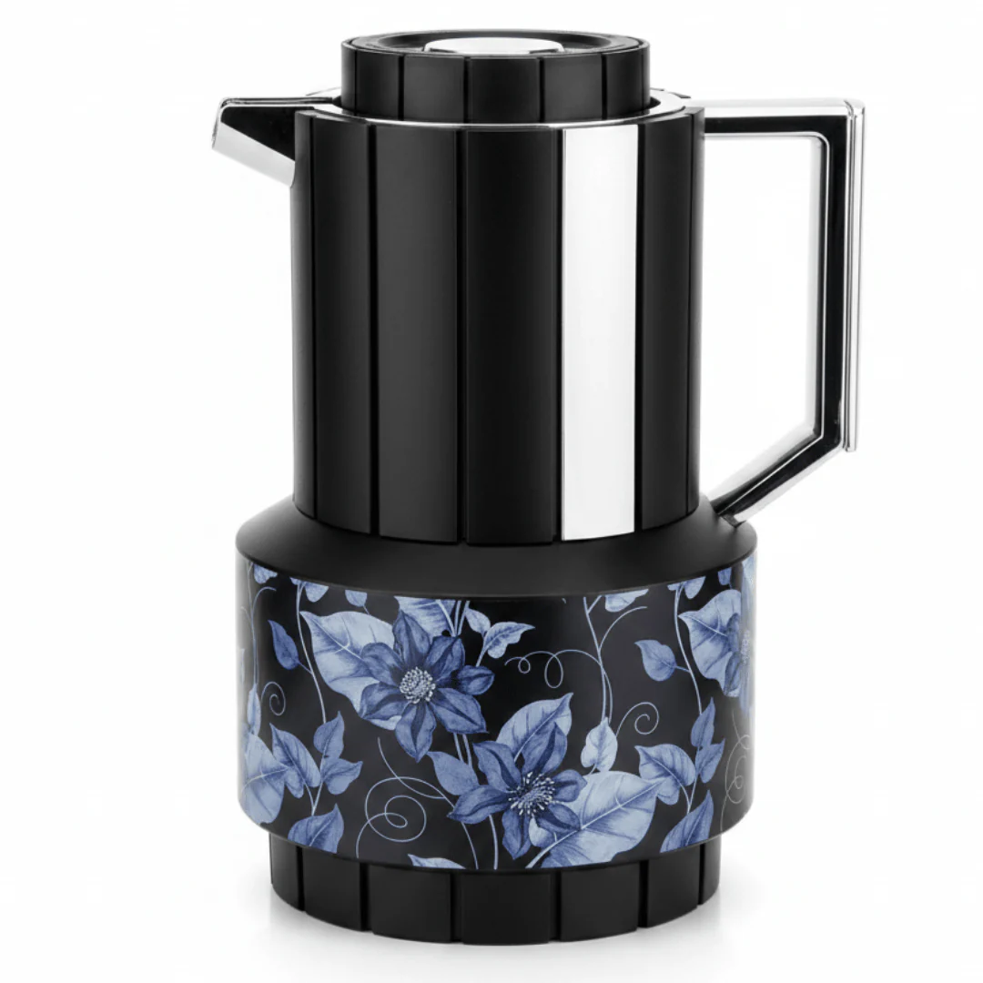 Parati 1L Vacuum Flask – Black | Silver & Blue Floral