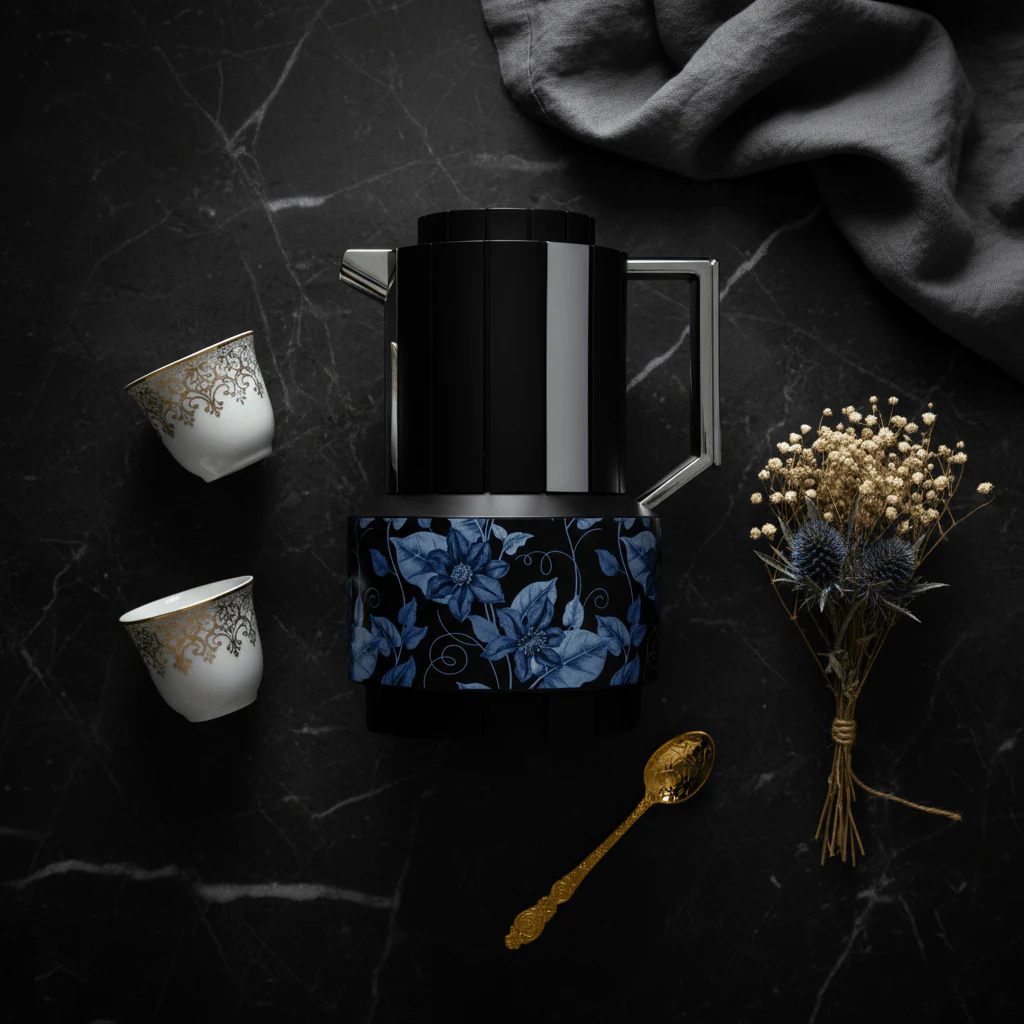 Parati 1L Vacuum Flask – Black | Silver & Blue Floral - Image 2
