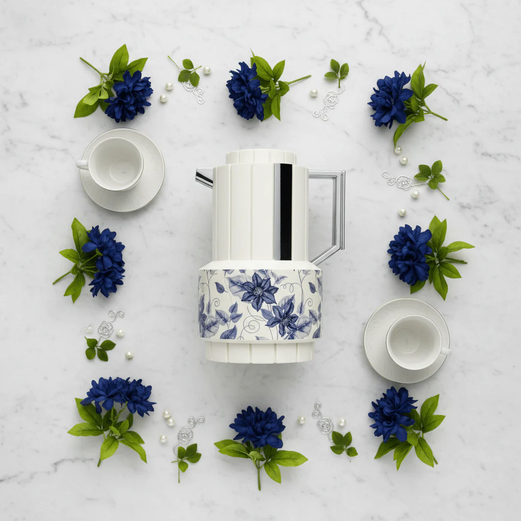 Parati 1L Vacuum Flask – Off White | Silver & Blue Floral - Image 2
