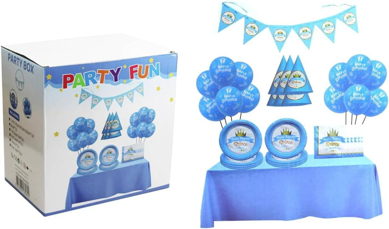 Party Fun 46pcs Prince Happy Birthday Party Box Set, Includes 12pcs Ballon 12", 1pc Banner, 6pcs Paper Plate 7", 6pcs Paper Hat 6", 1pc Table Cloth, 20pcs Paper Napkin, Blue - Image 2