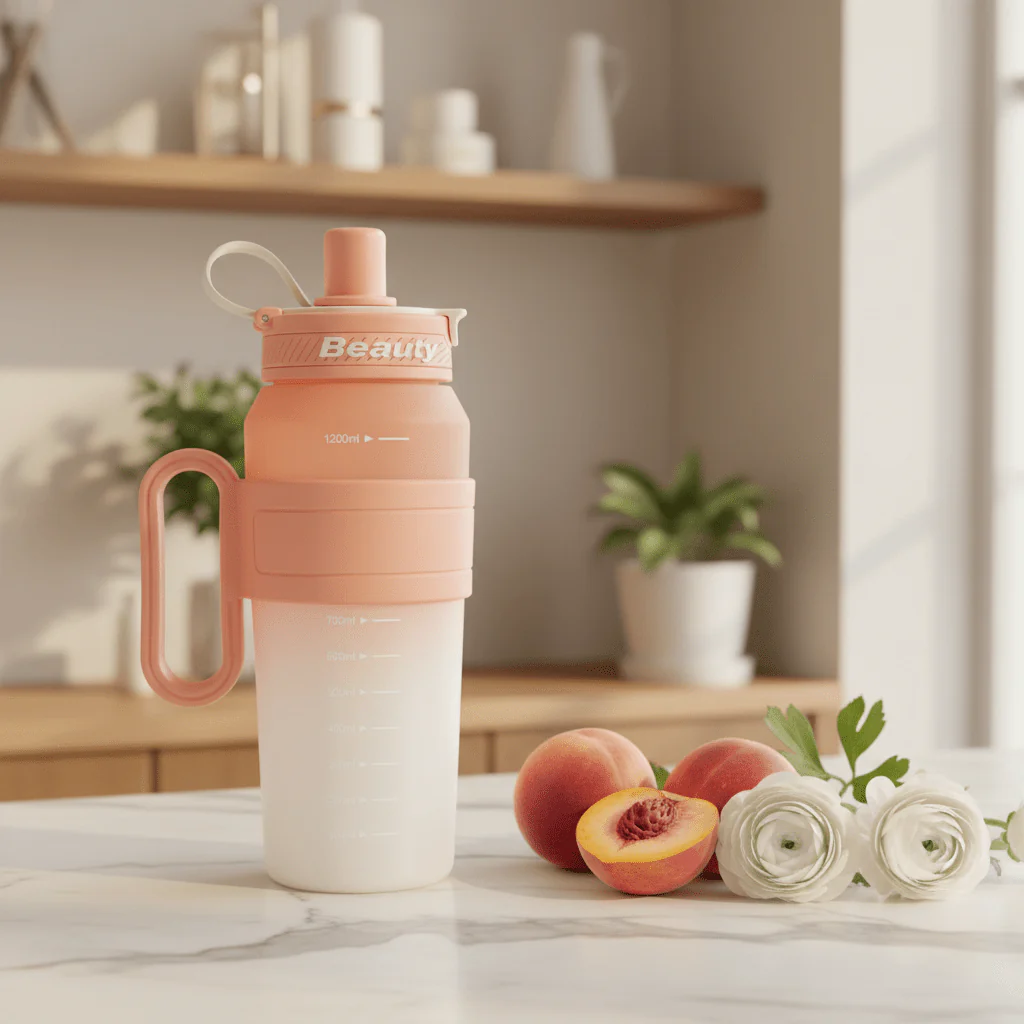Shuiyinzi Beauty Motivational Water Bottle 1200ml – Peach & Cream | BPA-Free with Measurement Markings - Image 3