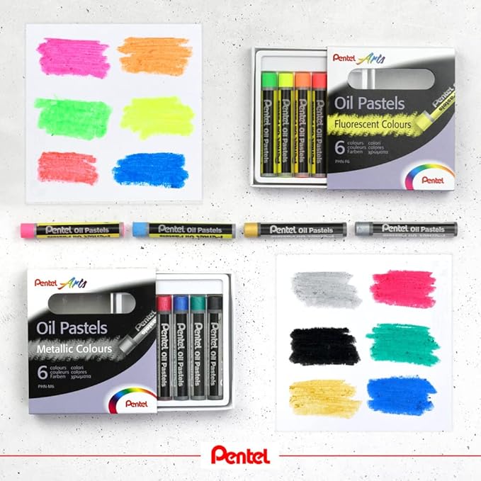 PENTEL Fluorescent and Metallic Oil Pastels Set of 12 Assorted Colours - Image 4