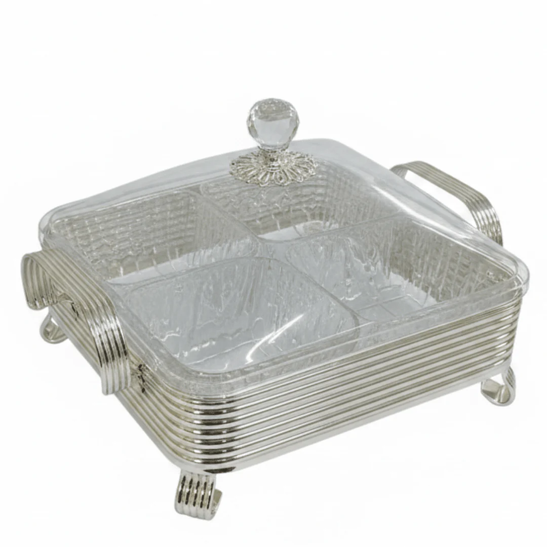 Pilsco 4-Compartment Acrylic Candy Box with Square Metal Silver Holder And Lid – Compact Snack Organizer for Home & Office Use – 29 × 9 cm