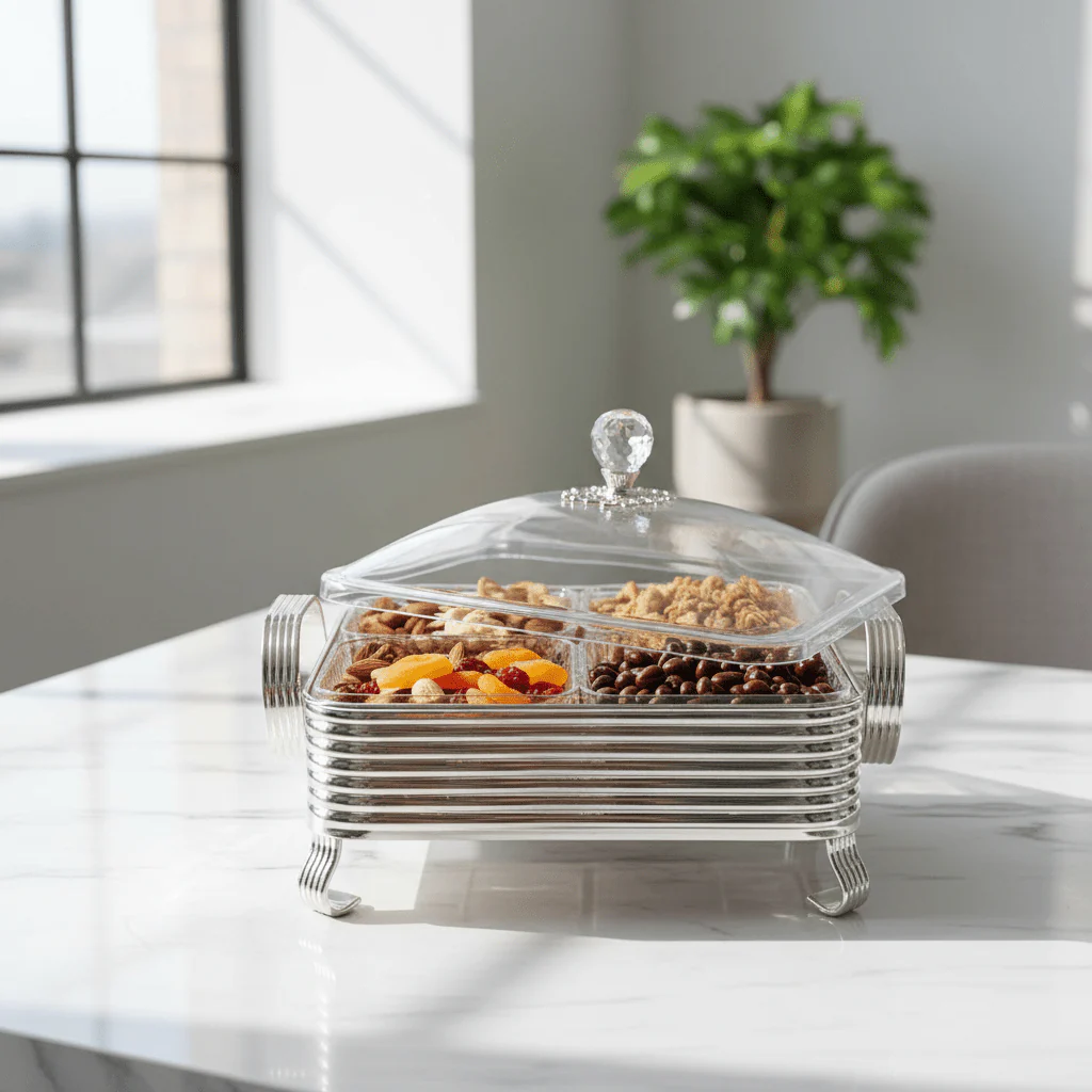 Pilsco 4-Compartment Acrylic Candy Box with Square Metal Silver Holder And Lid – Compact Snack Organizer for Home & Office Use – 29 × 9 cm - Image 3