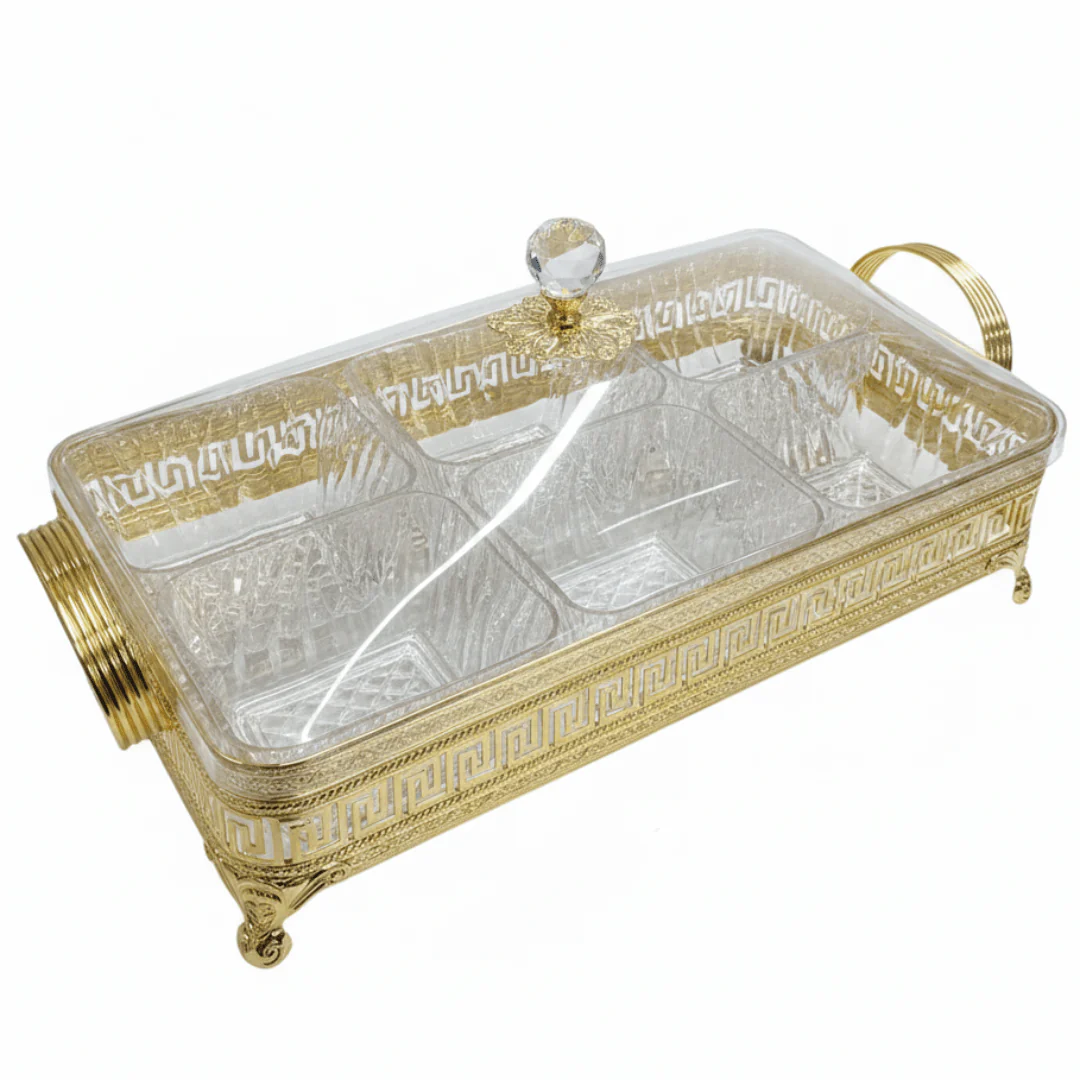 Pilsco 6-Compartment Acrylic Candy Organizer with Gold Metal Holder & Lid – Premium Storage Box for Dry Fruits, Snacks & Sweets – 40 × 28 cm
