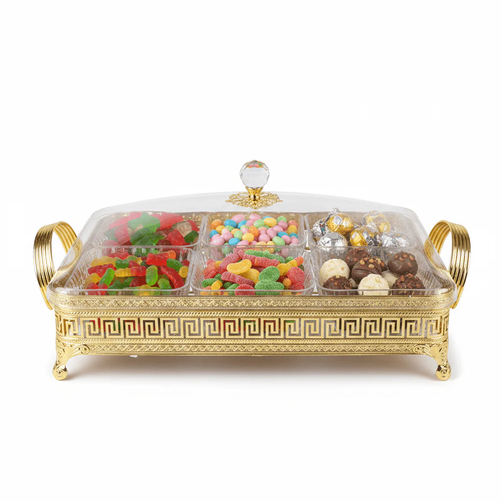 Pilsco 6-Compartment Acrylic Candy Organizer with Gold Metal Holder & Lid – Premium Storage Box for Dry Fruits, Snacks & Sweets – 40 × 28 cm - Image 2