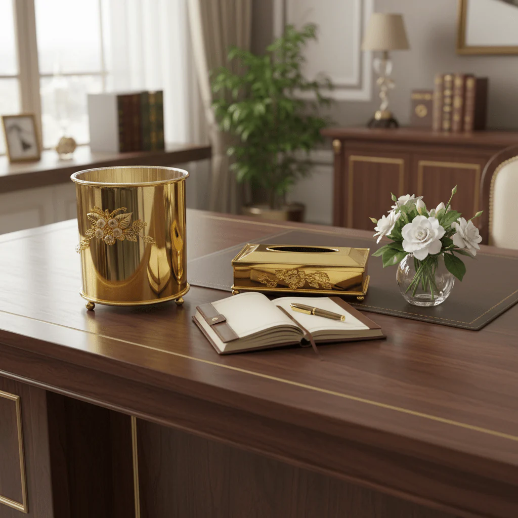 Pilsco Acrylic Dustbin with Gold Metal Base and Tissue Box Set – Premium Finish for Home & Office – 26 × 22 cm & 26 × 13 cm - Image 3