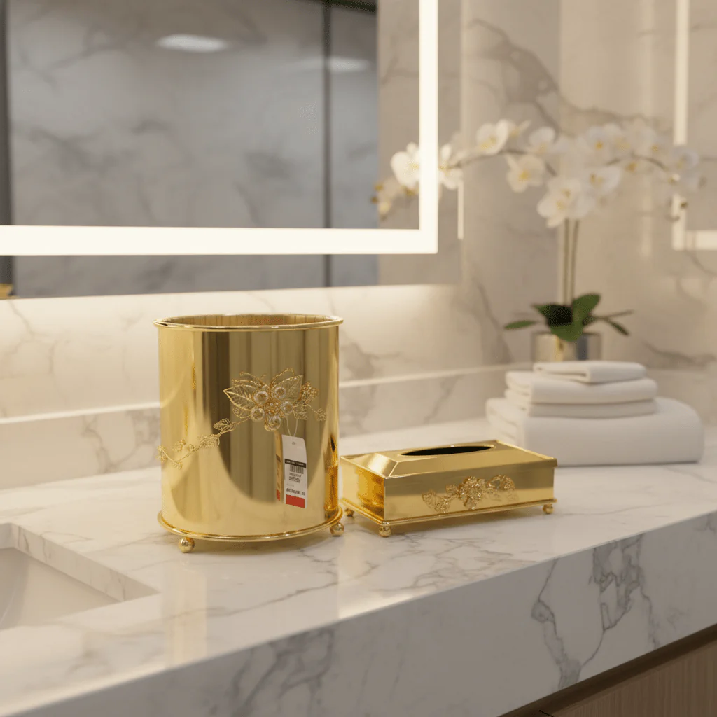 Pilsco Acrylic Dustbin with Gold Metal Base and Tissue Box Set – Premium Finish for Home & Office – 26 × 22 cm & 26 × 13 cm - Image 4