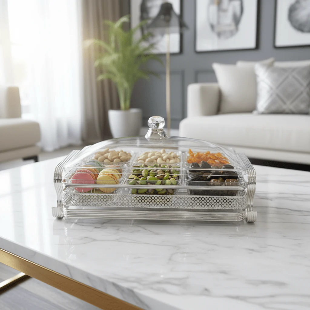 Pilsco Elegant 6-Section Acrylic Candy Serving Tray with Silver Metal Holder & Decorative Lid – Premium Sweet and Snack Organizer 38×26 cm - Image 2