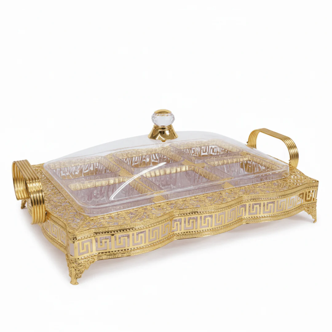 Pilsco Elegant Crystal Acrylic Candy Organizer with Decorative Gold Metal Frame & Lid – Luxury 6-Section Serving Box for Majlis Ramadan and Home Décor 40×28 cm