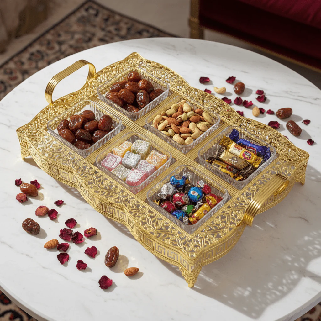 Pilsco Elegant Crystal Acrylic Candy Organizer with Decorative Gold Metal Frame & Lid – Luxury 6-Section Serving Box for Majlis Ramadan and Home Décor 40×28 cm - Image 2