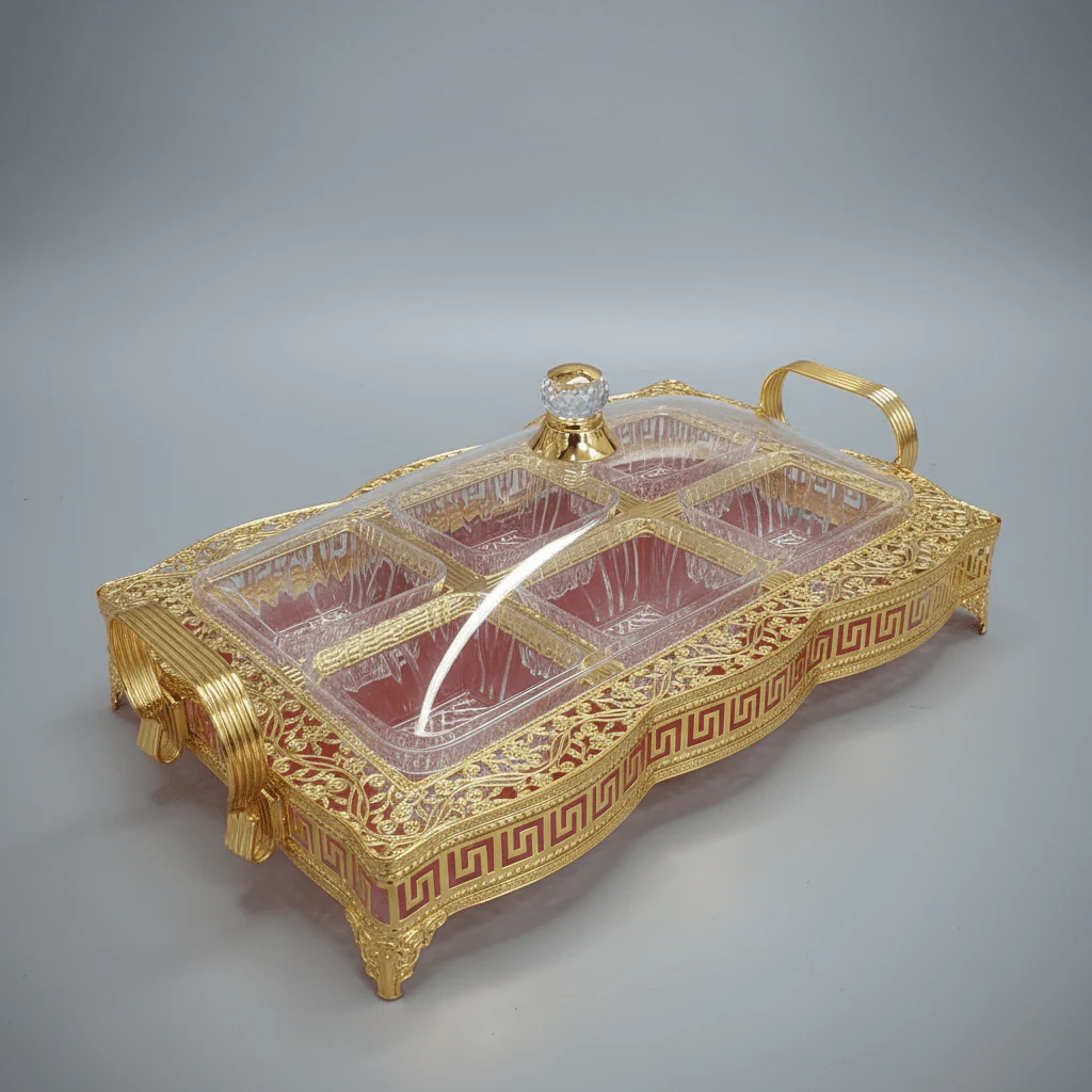 Pilsco Elegant Crystal Acrylic Candy Organizer with Decorative Gold Metal Frame & Lid – Luxury 6-Section Serving Box for Majlis Ramadan and Home Décor 40×28 cm - Image 3