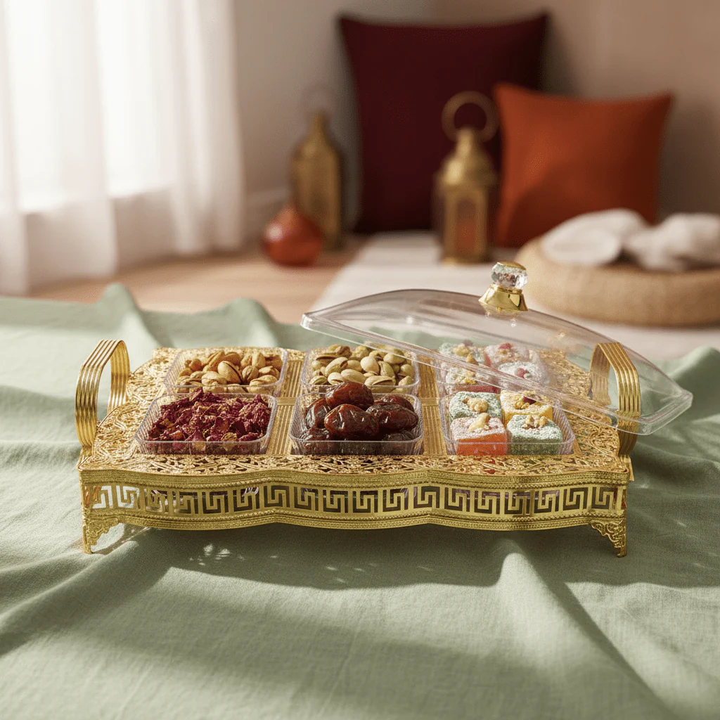 Pilsco Elegant Crystal Acrylic Candy Organizer with Decorative Gold Metal Frame & Lid – Luxury 6-Section Serving Box for Majlis Ramadan and Home Décor 40×28 cm - Image 4