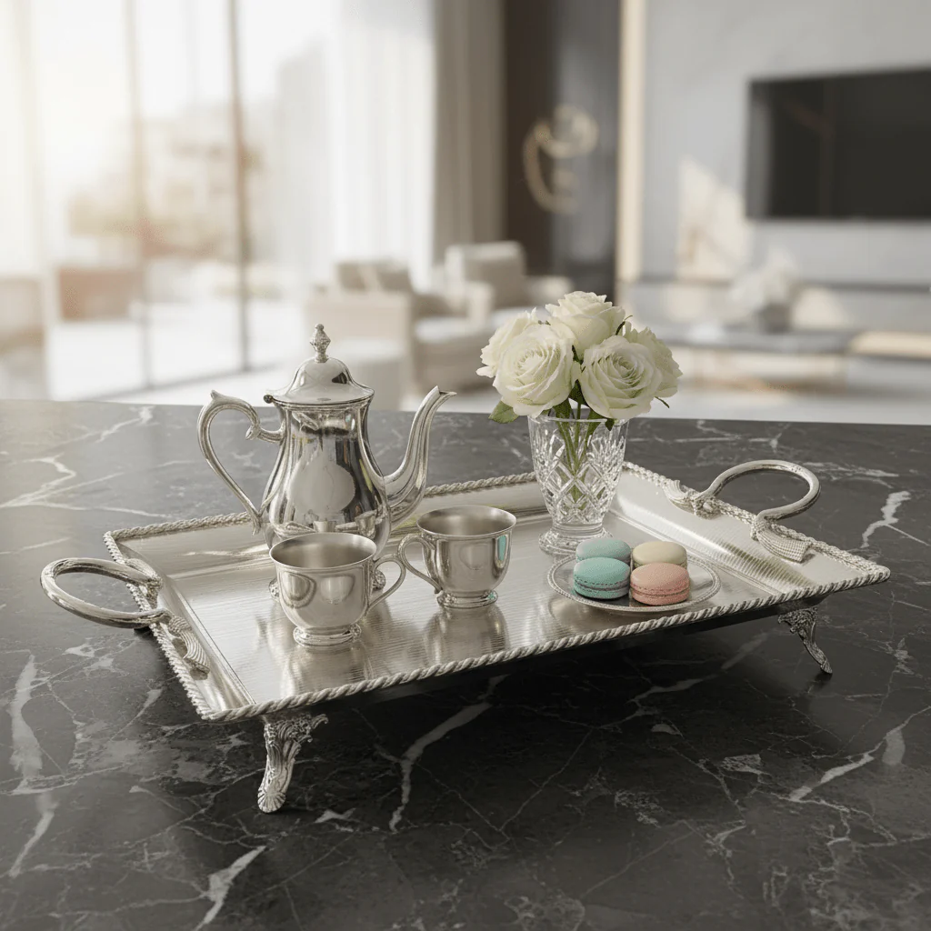 Pilsco Footed Silver Stainless Steel Serving Tray with Elegant Handles – 50×35cm - Image 3
